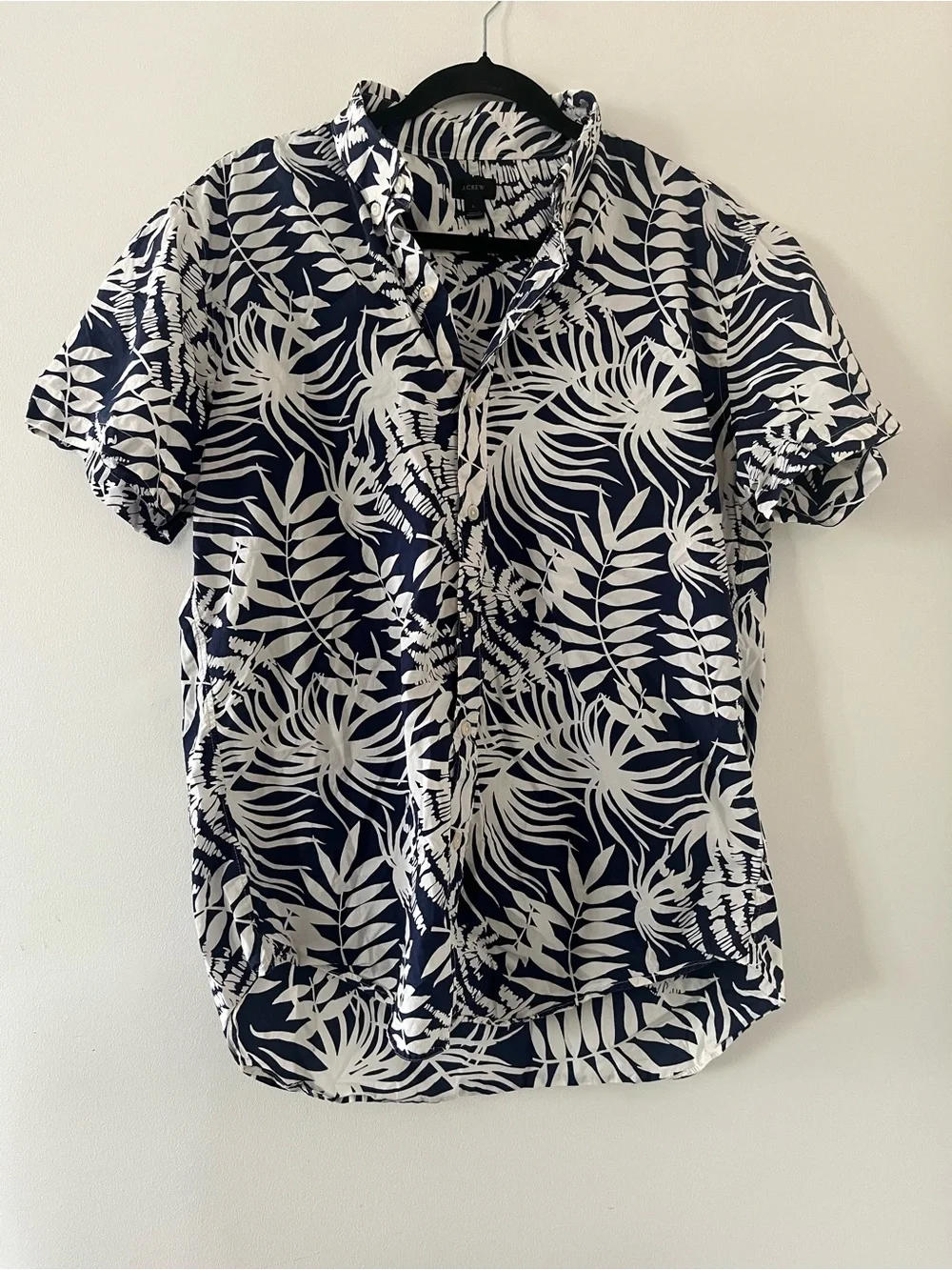 J Crew Navy Blue White Tropical Palm Print Large 100% Cotton Resort Vacation